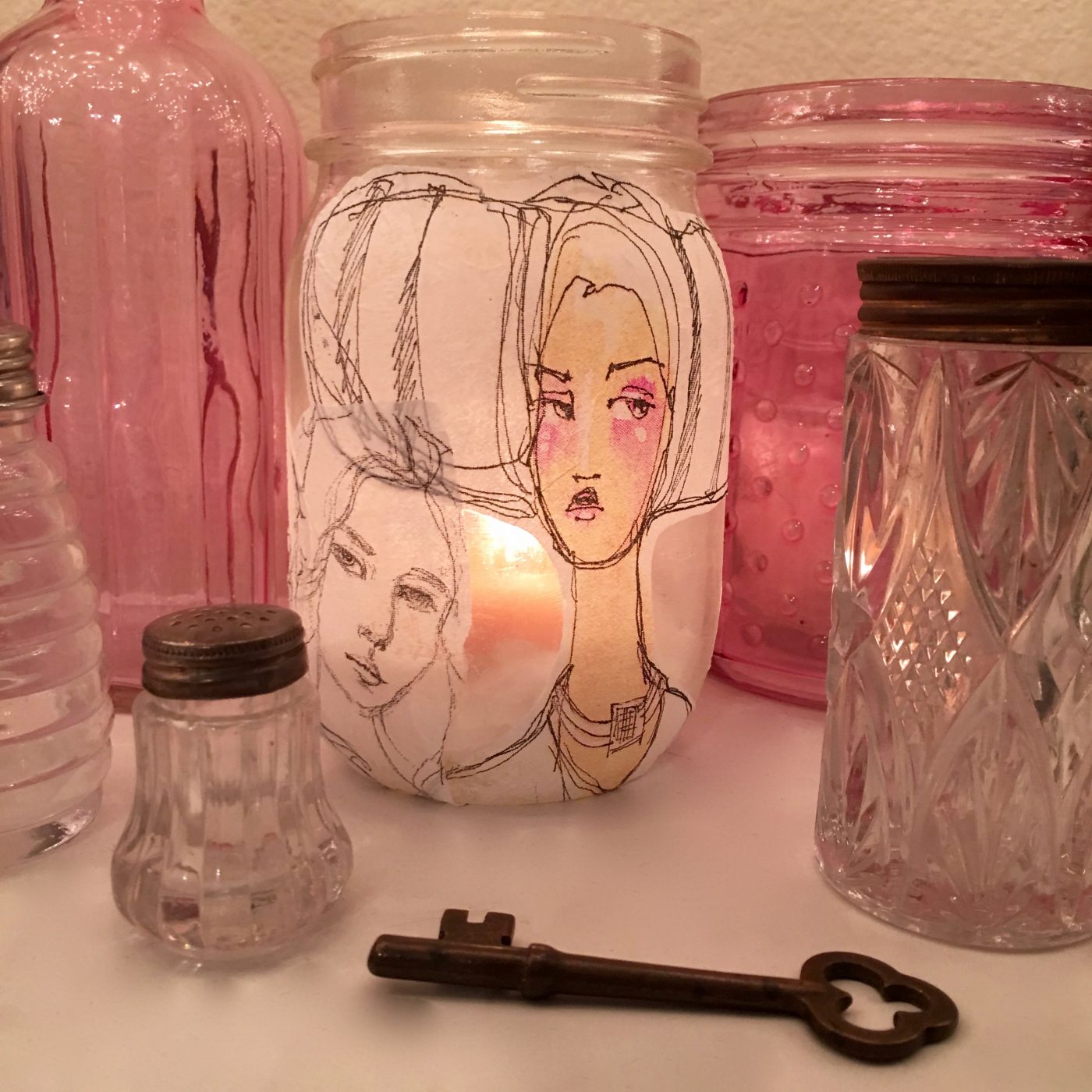 Beautiful Faces Decoupaged Candle Holder